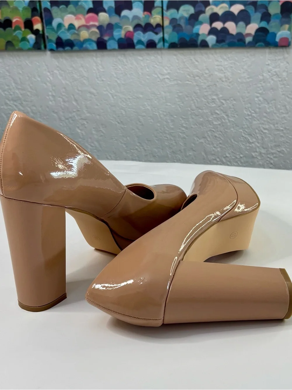 New York & Company Nude Patent Platform Block Heels